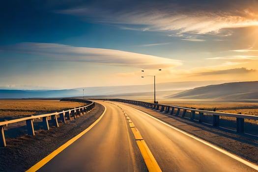 a long highway with a sunset in the background. AI-Generated photo