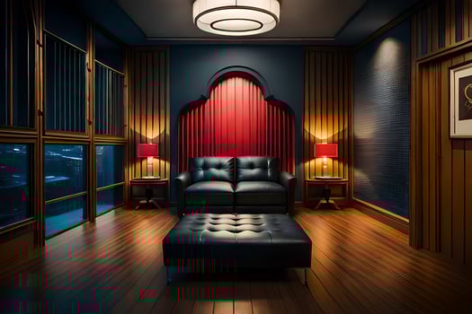 a room with a leather couch and red curtains. AI-Generated photo