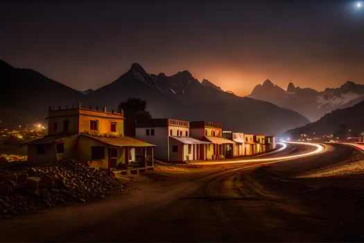 a street in the middle of a mountain town at night. AI-Generated photo