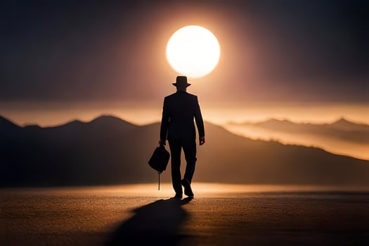 a man in a suit and hat walking in the desert at sunset. AI-Generated photo