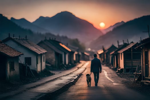 a man and his dog walk down a road at sunset. AI-Generated photo