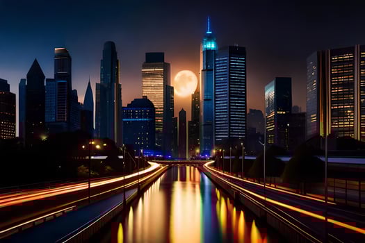 a city skyline at night with a full moon. AI-Generated photo