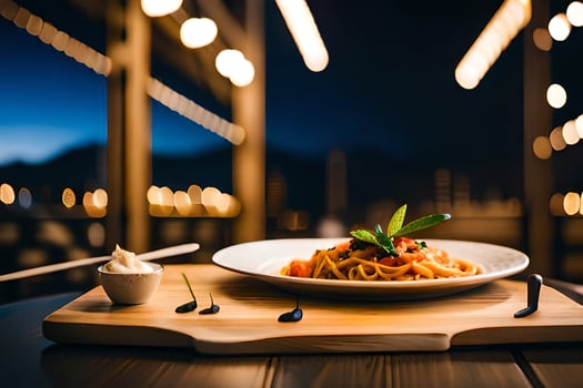 a plate of pasta and sauce on a wooden table. AI-Generated photo