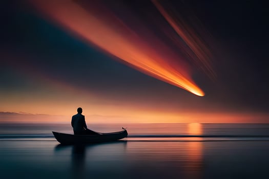 a man in a boat at sunset with a comet in the sky. AI-Generated photo
