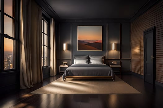 a bedroom with dark wood walls and a bed. AI-Generated photo