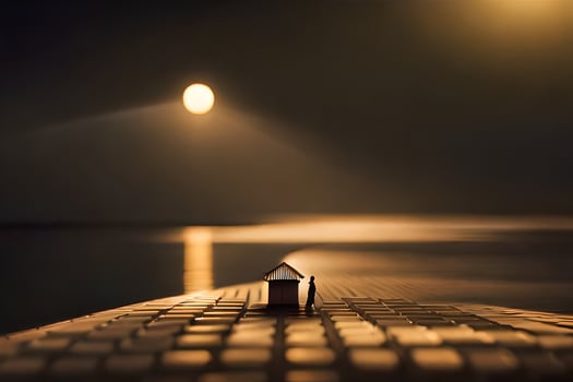 a small house on a pier at night with the moon in the background. AI-Generated photo