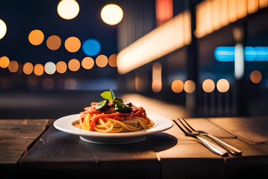 spaghetti on a plate with fork and knife on a wooden table. AI-Generated photo