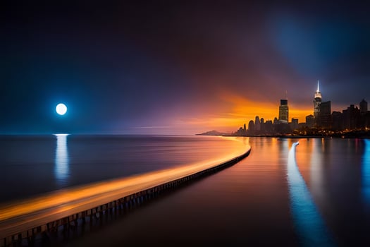 the moon rises over the city skyline at night. AI-Generated photo