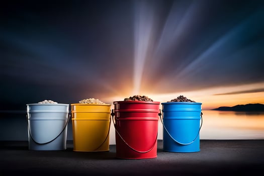 four buckets of different colors are lined up against a sunset. AI-Generated photo