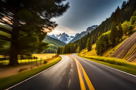 a road in the mountains with trees and mountains in the background. AI-Generated photo