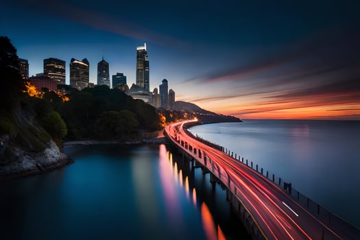 a long exposure photograph of a city skyline at sunset. AI-Generated photo