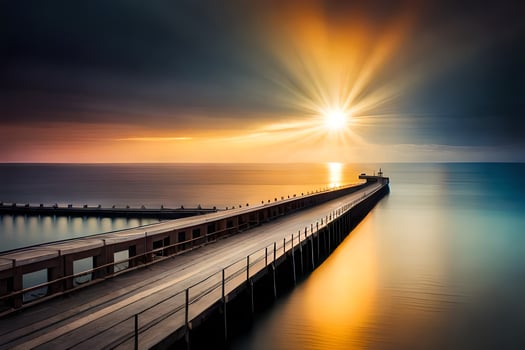 a pier with the sun shining over it. AI-Generated photo