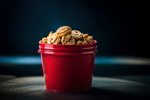 a red bucket filled with cereal on a dark background. AI-Generated photo
