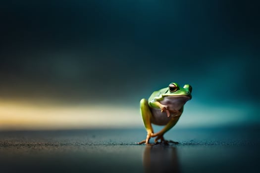 a frog is standing on its hind legs on a dark background. AI-Generated photo