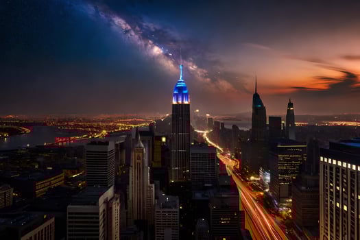 the milky way over the city skyline. AI-Generated photo