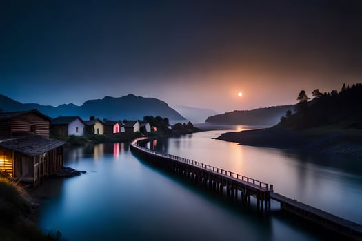 a long exposure photograph of a river and houses at night. AI-Generated photo