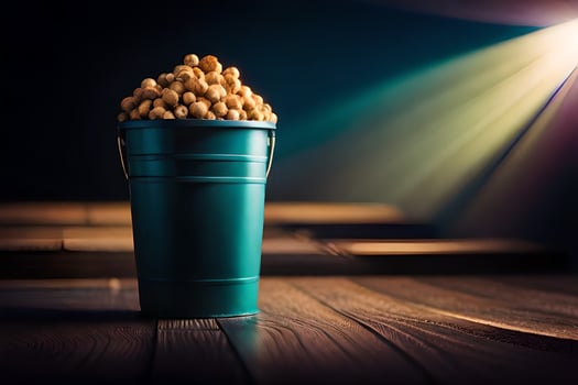 a bucket of peanuts on a wooden table. AI-Generated photo