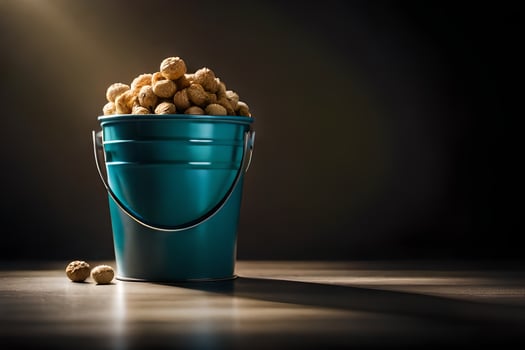 a bucket filled with peanuts on a table. AI-Generated photo