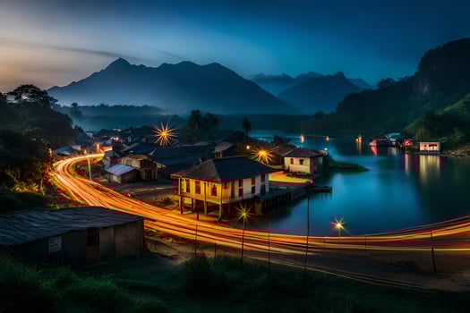 a village by the water at night. AI-Generated photo