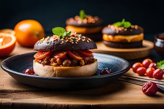 a plate with a burger and some fruit. AI-Generated photo
