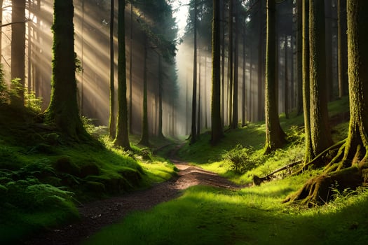 a path through a forest with sunbeams shining through the trees. AI-Generated photo