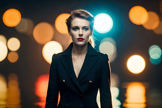 a woman in a black suit standing in front of a background of lights. AI-Generated photo