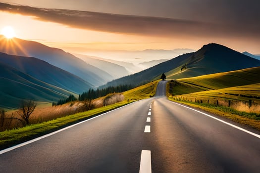 an empty road in the mountains with the sun setting. AI-Generated photo