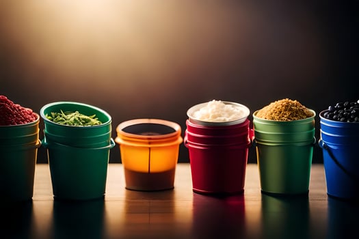 five colorful buckets with different types of food. AI-Generated photo