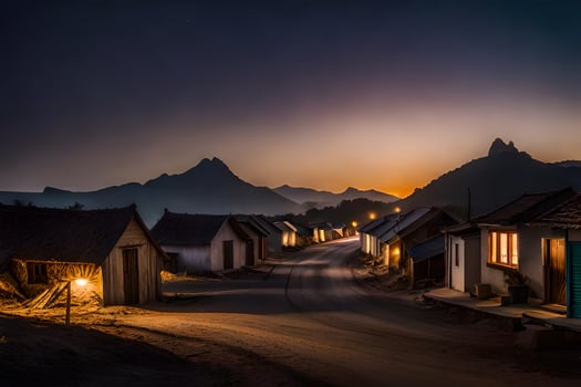 a village at night with lights on the houses. AI-Generated photo