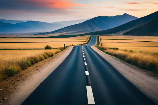 a long empty road in the middle of a field. AI-Generated photo