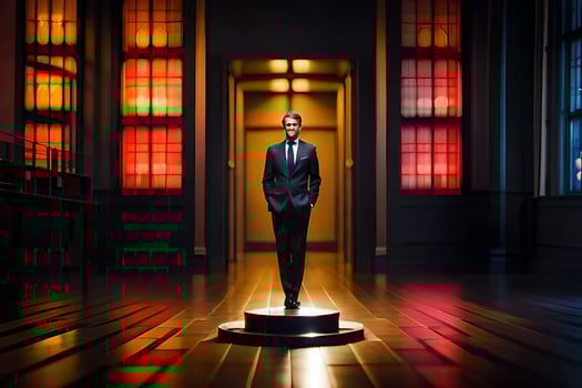 a man in a suit standing in a room with colorful windows. AI-Generated photo