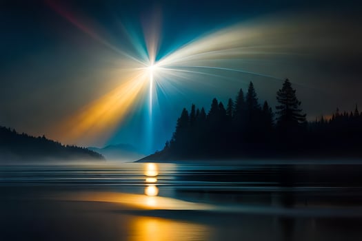 a bright light shines over a lake and trees. AI-Generated photo
