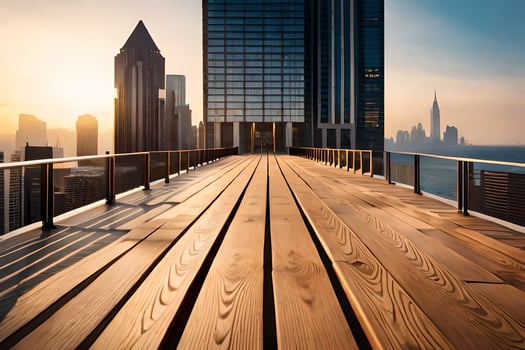 a wooden walkway leads to the city skyline. AI-Generated photo