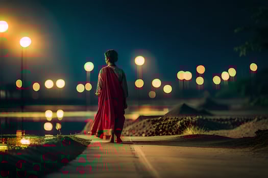 a woman in a red dress walking on a path at night. AI-Generated photo