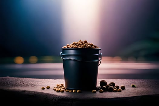 a bucket filled with nuts and seeds on a table. AI-Generated photo