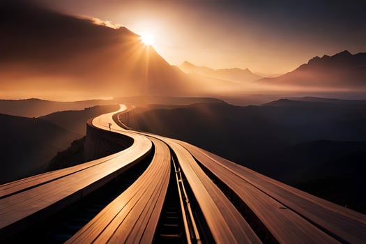 a long train track with the sun setting behind it. AI-Generated photo