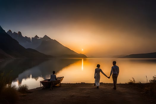 a couple holding hands as they walk along the shore of a lake at sunset. AI-Generated photo