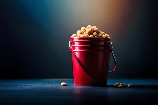 a red bucket filled with peanuts on a dark table. AI-Generated photo