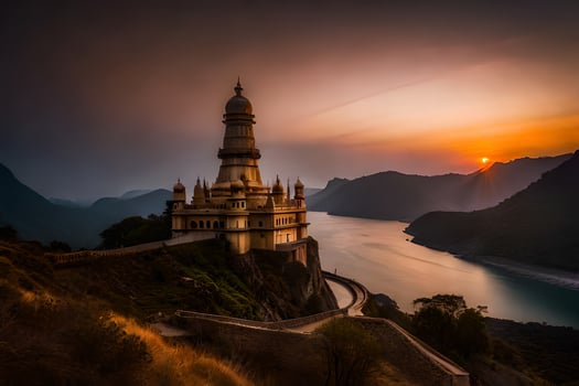 the sun sets over a beautiful temple on top of a mountain. AI-Generated photo