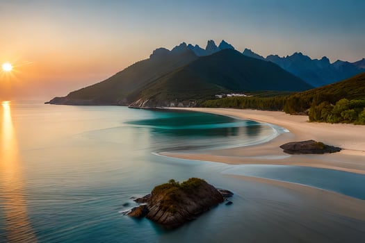 the sun sets over a beach and mountains. AI-Generated photo