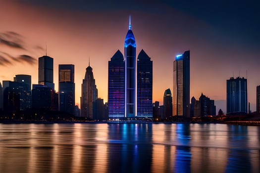 the city skyline at night with a blue sky. AI-Generated photo