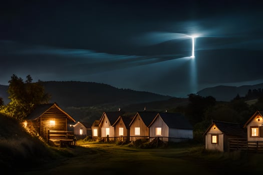a light shines over a small town at night. AI-Generated photo