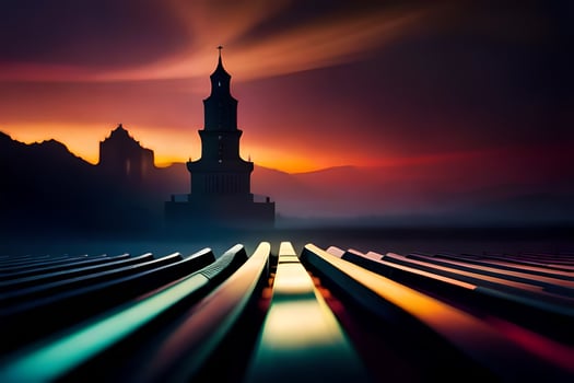 a tower with a church in the background. AI-Generated photo