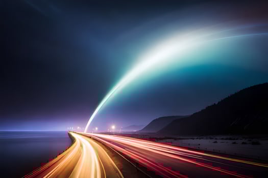 a long exposure photo of a highway with light trails. AI-Generated