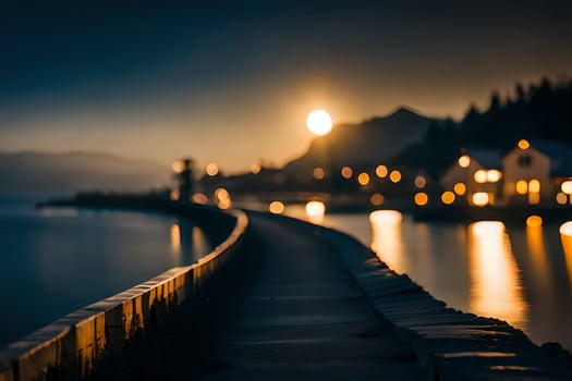 a long pier with lights on it at night. AI-Generated photo