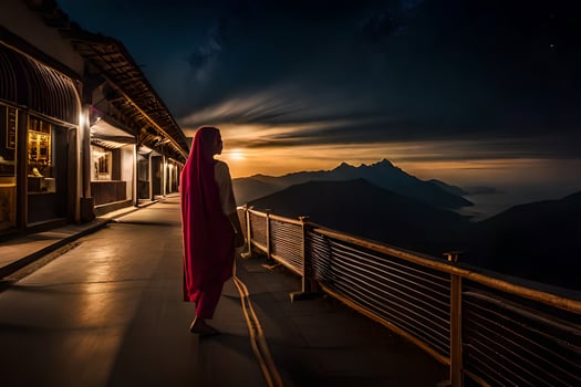 a woman in a red dress walks down a path at night. AI-Generated photo