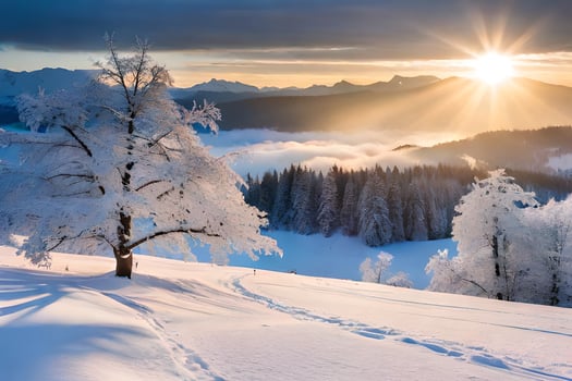a tree in the snow with the sun shining. AI-Generated photo