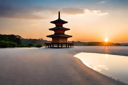 a pagoda stands in the sand at sunset. AI-Generated photo