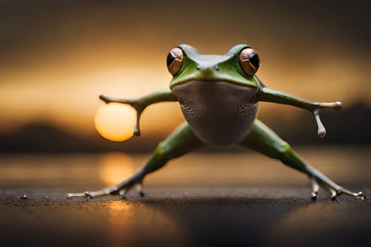 a frog is standing on its hind legs with its arms outstretched. AI-Generated photo