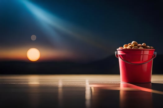 a red bucket with peanuts sitting on a table. AI-Generated photo